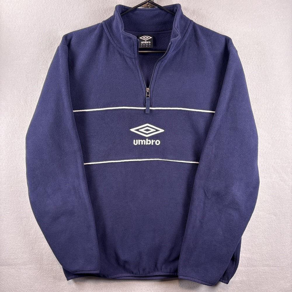 Umbro Fleece Quarter Zip Large Pullover Sweatshirt Navy Blue Embroidered Stripe